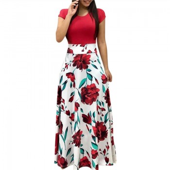 Summer Long Dress Floral Print Bohemian Beach Maxi Dress Casual Patchwork Short Sleeve Red Pink Black Green